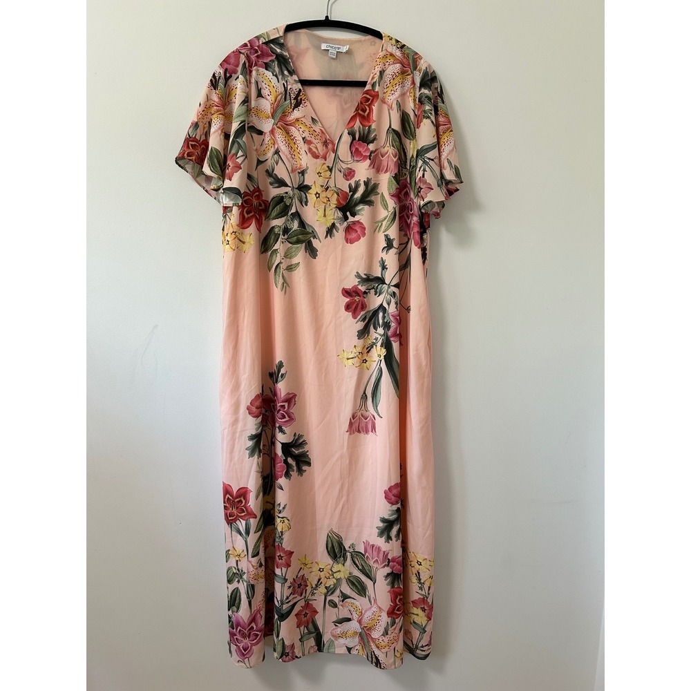 Chicos Floral Maxi Dress Pink Peach Botanical V-Neck Flutter Sleeve Size 2 L